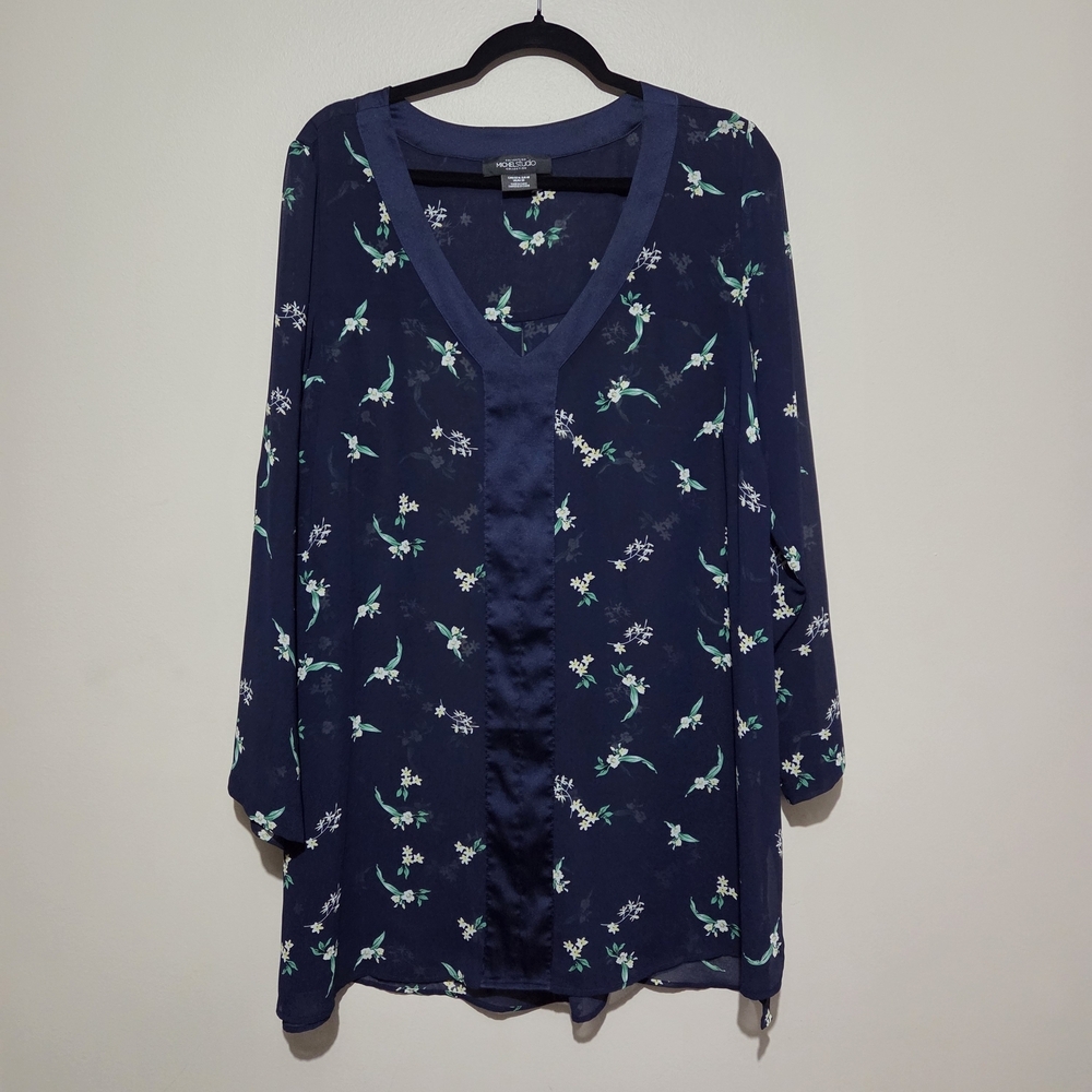 *3 for $30* Michel Studio Sheer Navy Floral Pattern Blouse